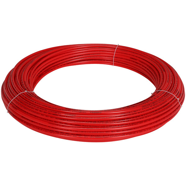 A roll of Zurn PEX red plastic tubing on a white background.