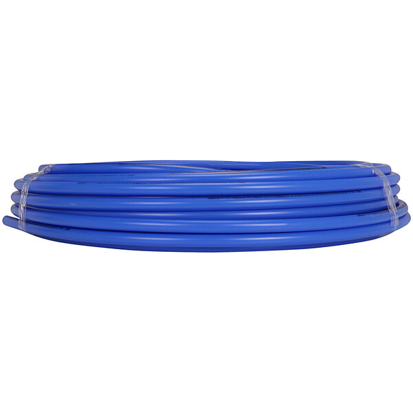 A blue Zurn PEX tubing coil on a white background.
