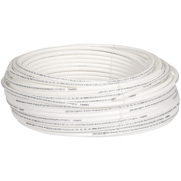 A roll of white Zurn PEX tubing with white lines on it.