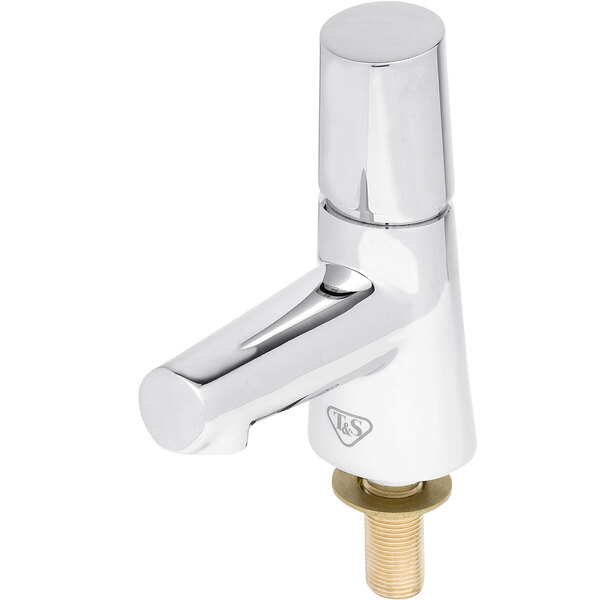 A silver Lake Crest metering faucet with a brass push button cap.