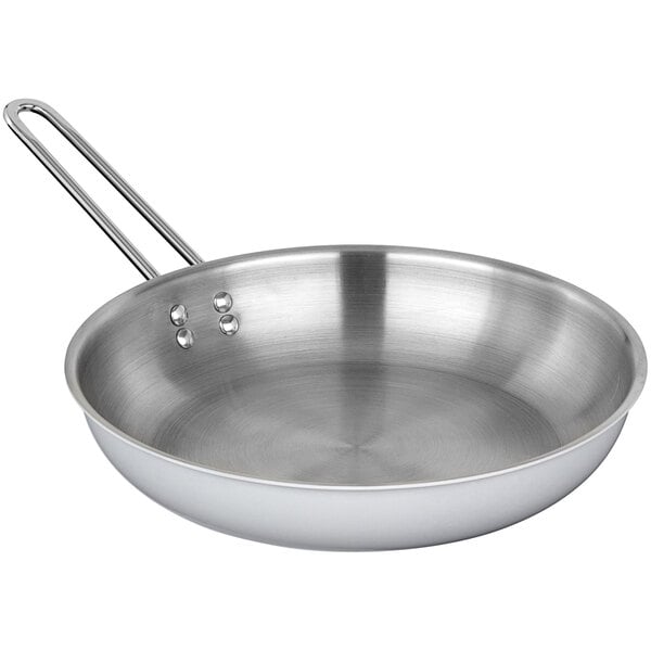 A Bon Chef stainless steel frying pan with a handle on a white background.