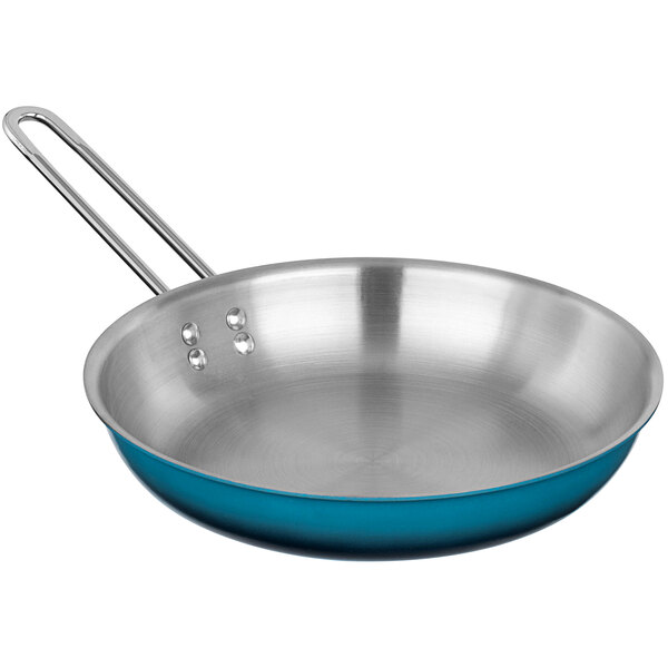 A Bon Chef stainless steel frying pan with ombre blue handles.