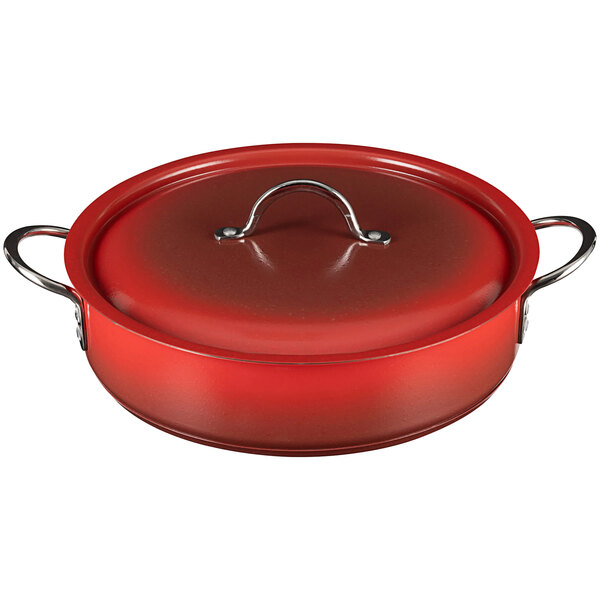 A Bon Chef ombre crimson red brazier pot with a lid.