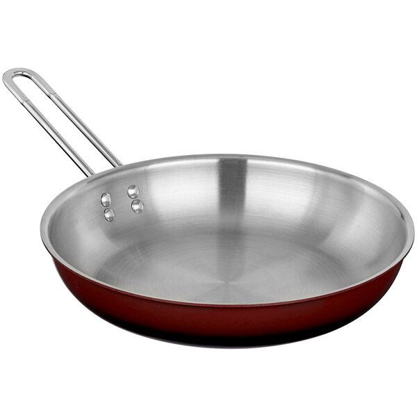 A Bon Chef Country French Ombre Merlot Skillet with a handle, red and black ombre coloring.