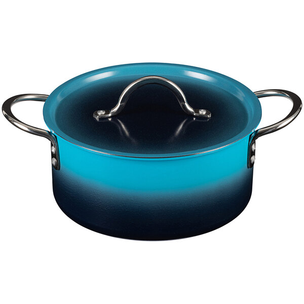 A blue and black Bon Chef Country French sauce pot with a lid.