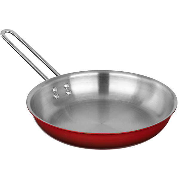 A Bon Chef Country French ombre crimson red skillet with a handle.