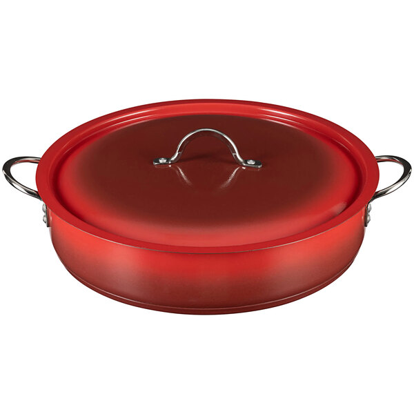 A Bon Chef Country French ombre crimson red brazier pot with a lid and handle.