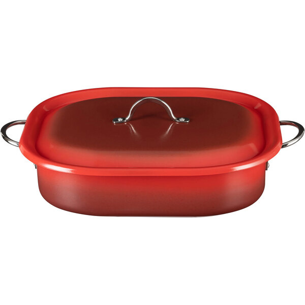 A Bon Chef ombre crimson red French oven with a lid and handle.
