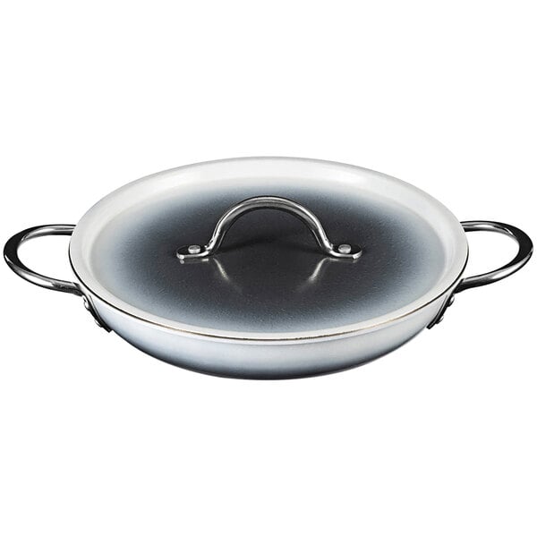 A Bon Chef Country French Ombre Shadow Gray Saute Pan with a handle and lid.