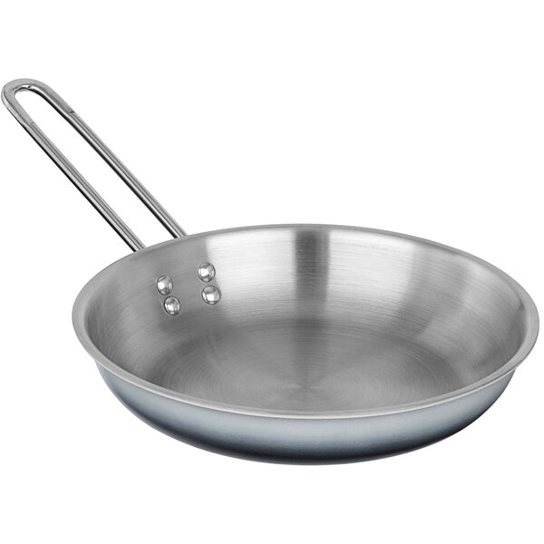 A Bon Chef stainless steel skillet with a handle.