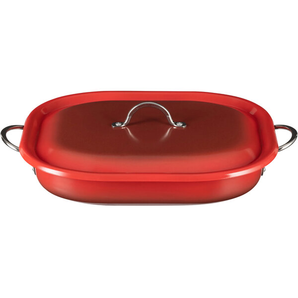 A Bon Chef Country French Ombre Crimson Red roasting pan with a lid.