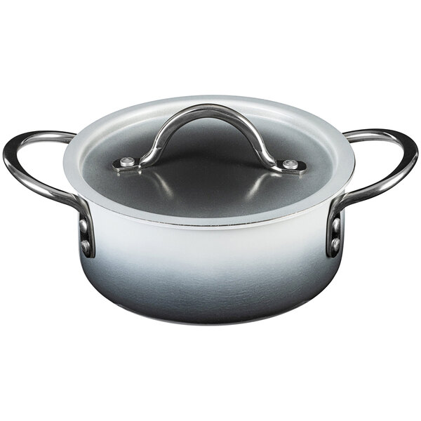 A silver Bon Chef Country French sauce pot with a lid.