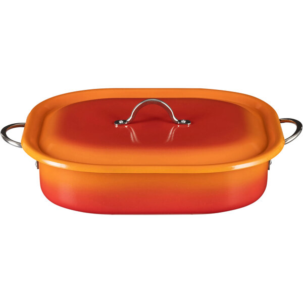 A red and yellow Bon Chef Country French oven with a lid.