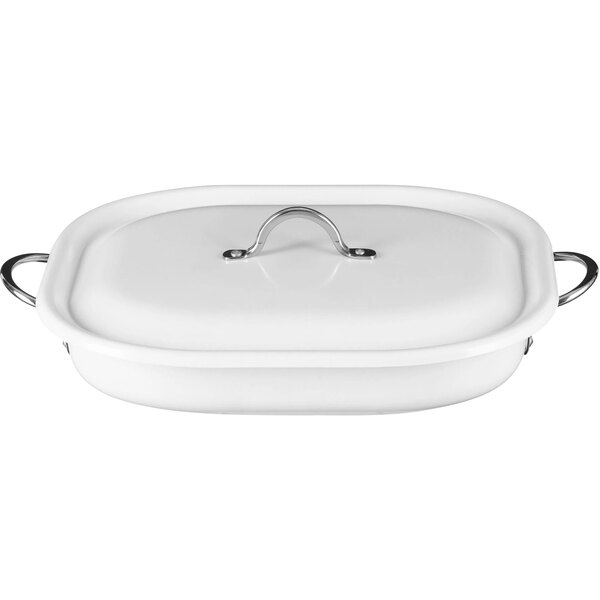 A white rectangular roasting pan with a lid and a handle.