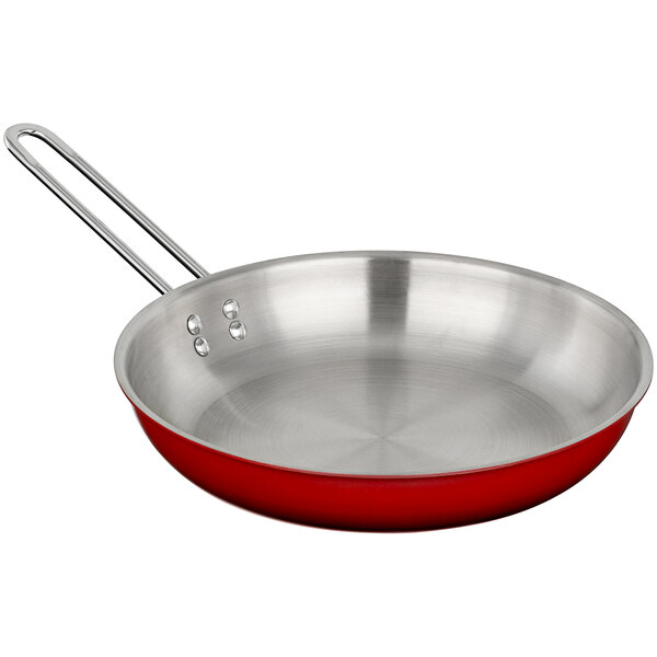 A Bon Chef Country French ombre crimson red skillet with a silver handle.