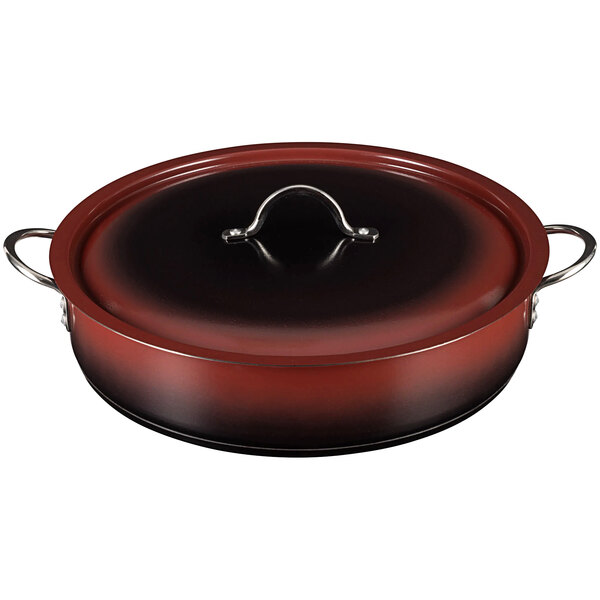 A red and black Bon Chef Country French brazier pot with a lid.