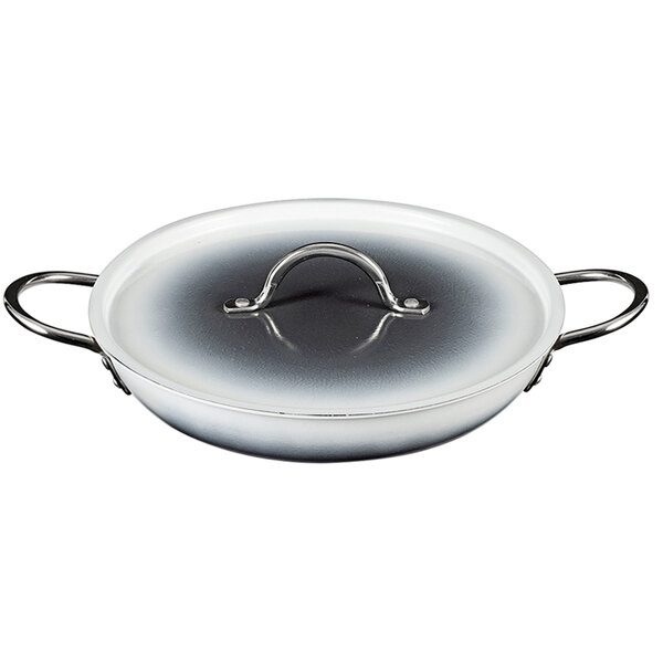 A Bon Chef Country French Ombre Shadow Gray saute pan with a lid.