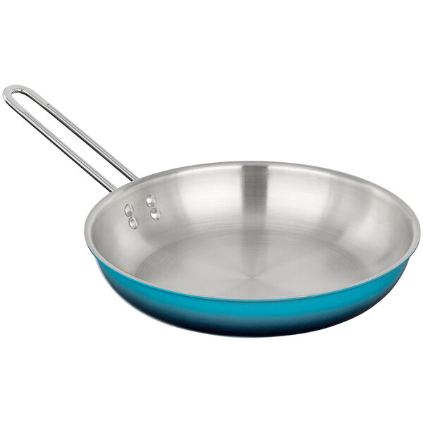 A Bon Chef stainless steel frying pan with a Caribbean blue ombre handle.