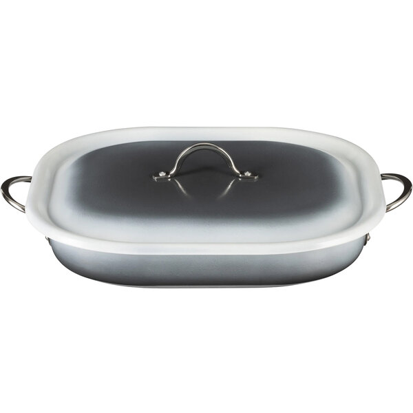 A Bon Chef Country French roasting pan with a silver handle on a white background.