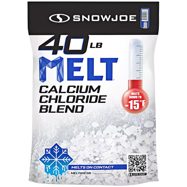 A package of Snow Joe MELT40ESB Calcium Chloride Blend Ice Melt with blue and white text.