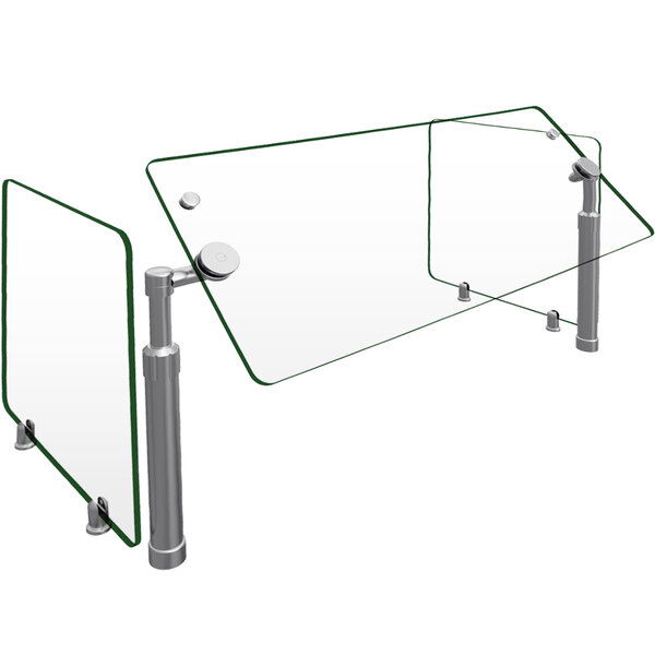 A glass table with a metal post and a Hatco Flav-R-Shield Sneeze Guard on a counter.