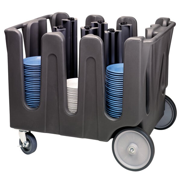 A black plastic cart full of plates with a white background.