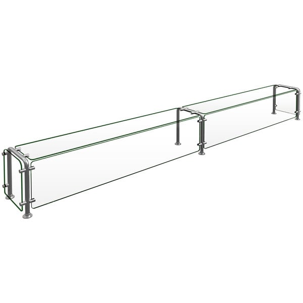 A glass shelf with metal rods on a counter.