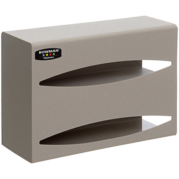 A beige ABS plastic wall mount double bag dispenser with two compartments.