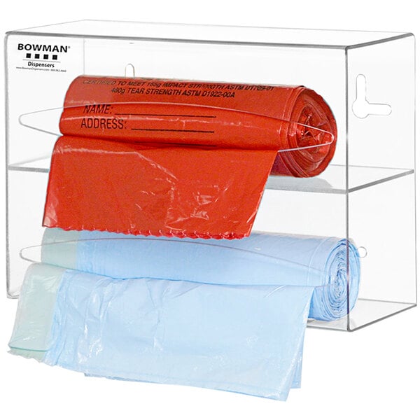 A clear plastic container holding plastic bags.
