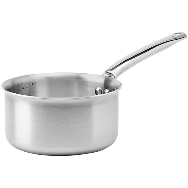 A de Buyer stainless steel sauce pan with a handle.