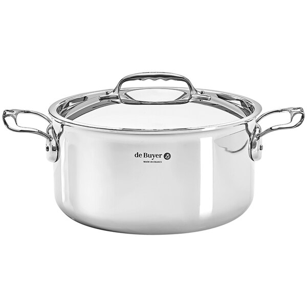 A de Buyer stainless steel sauce pot with a lid.