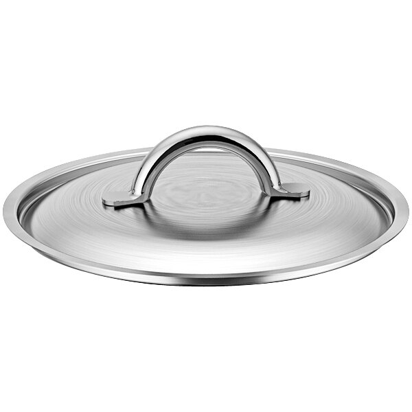 A de Buyer stainless steel pot/pan lid with a handle.