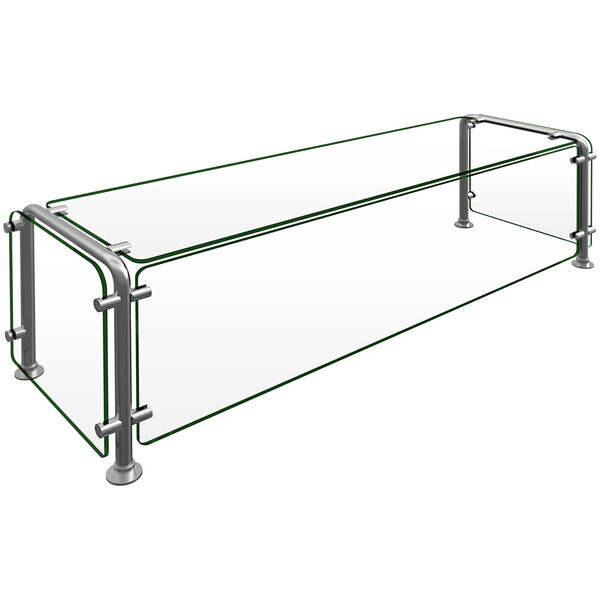 A glass shelf with metal railings.