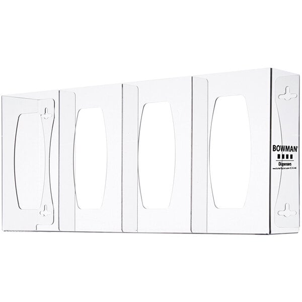 A row of clear plastic rectangular BOWMAN glove box dispensers.