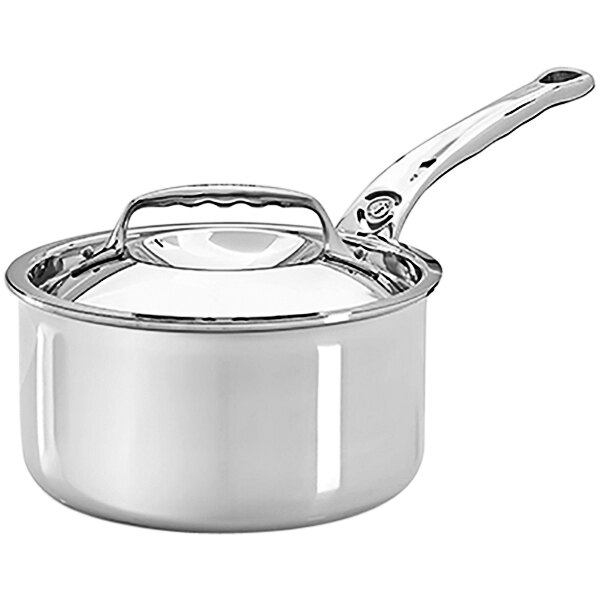 A de Buyer stainless steel saucepan with a silver handle and lid.