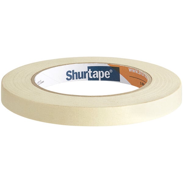 A roll of Shurtape natural utility grade masking tape with a logo.