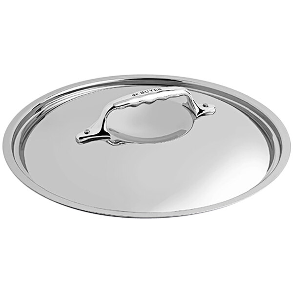 A close-up of a de Buyer stainless steel lid with a handle.