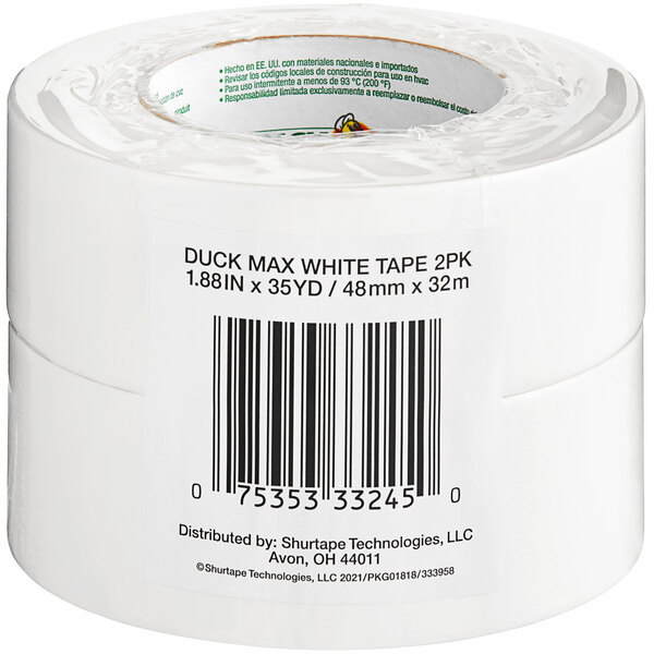 A white roll of Duck Tape with a label and a bar code.