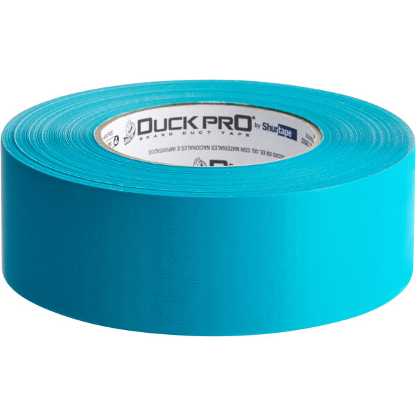 A roll of Shurtape teal contractor grade poly-hanging duct tape with a blue label.