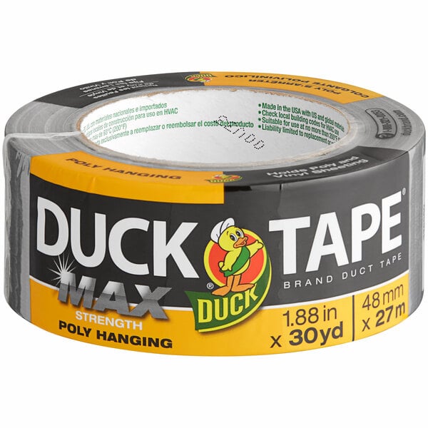 A roll of Duck Tape Max Strength silver duct tape with a yellow and black label.