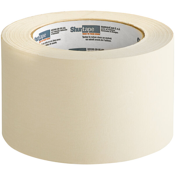 A roll of Shurtape natural contractor grade masking tape with a label.