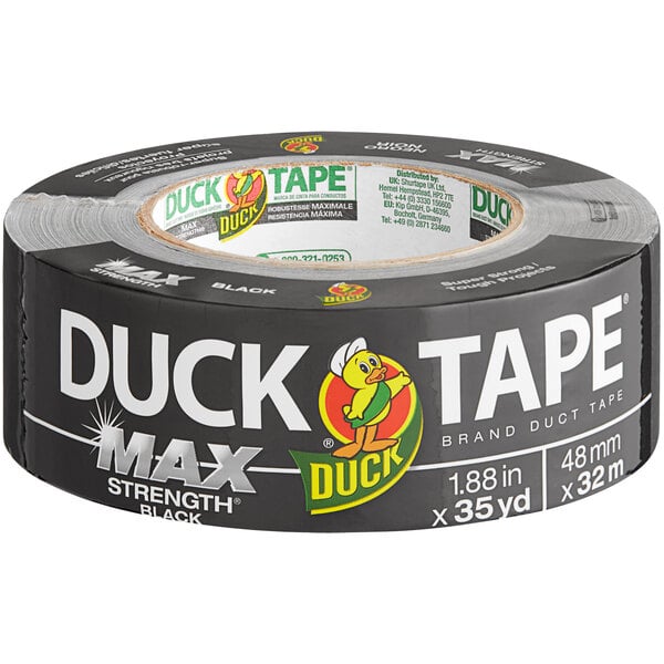A roll of black Duck Tape with white text on the label.