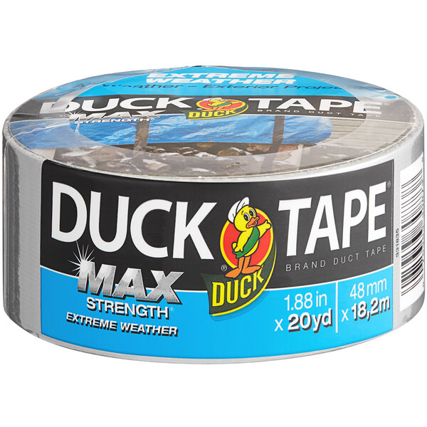 A roll of Duck Tape Max Strength silver duct tape.