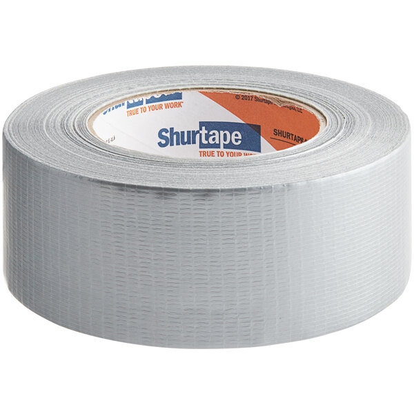 A roll of Shurtape silver utility grade duct tape on a white background.