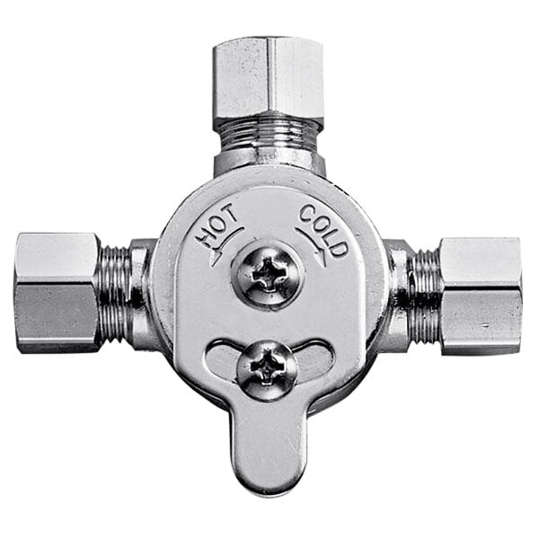 A chrome plated Sloan mixing valve with two handles.
