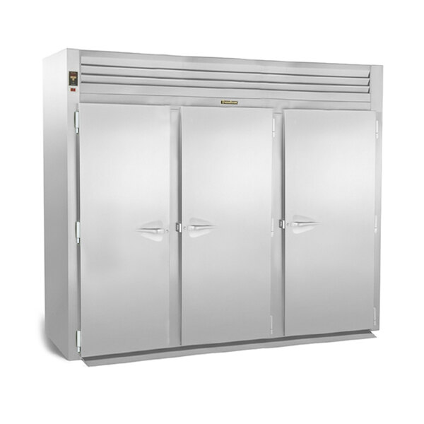 A large stainless steel Traulsen roll-in freezer with three solid doors.