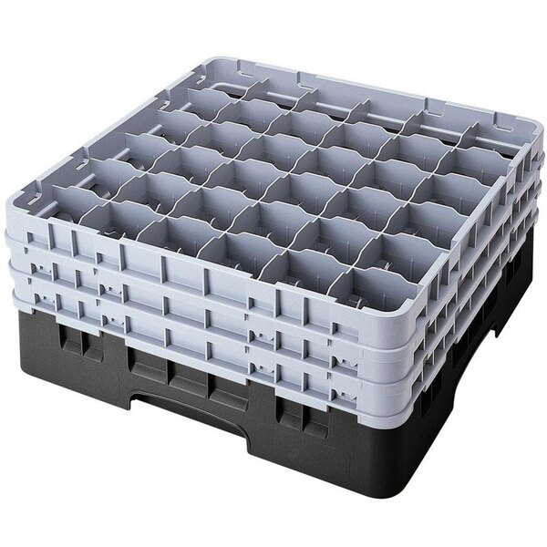 A stack of black plastic Cambro glass racks with extenders.