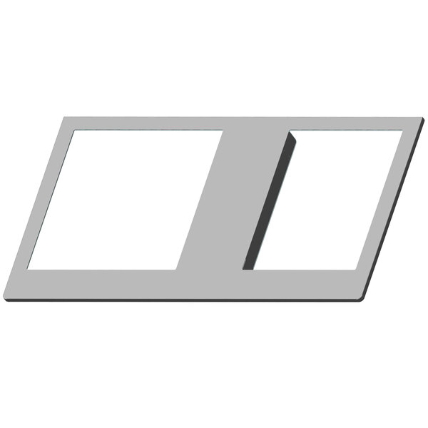 A grey rectangular object with white frames on top.