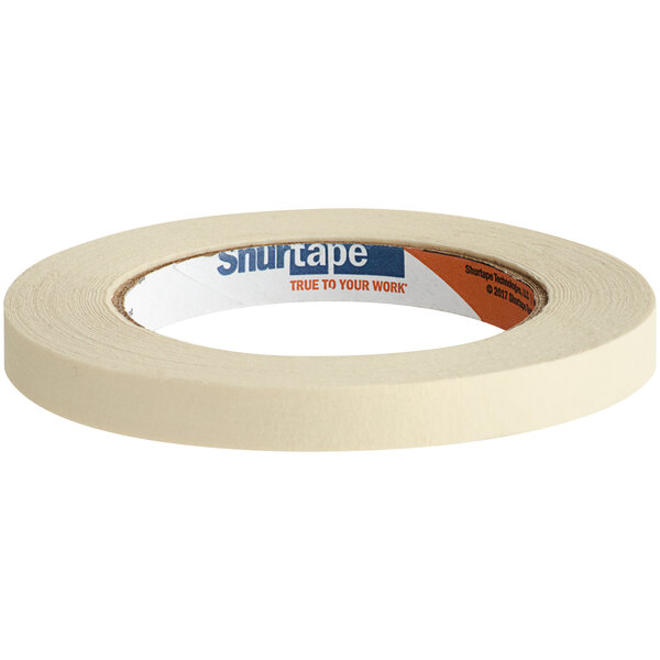 A roll of Shurtape natural contractor grade masking tape with a label.