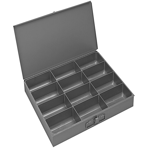 A grey metal Durham Mfg steel box with 12 compartments and a lid open.